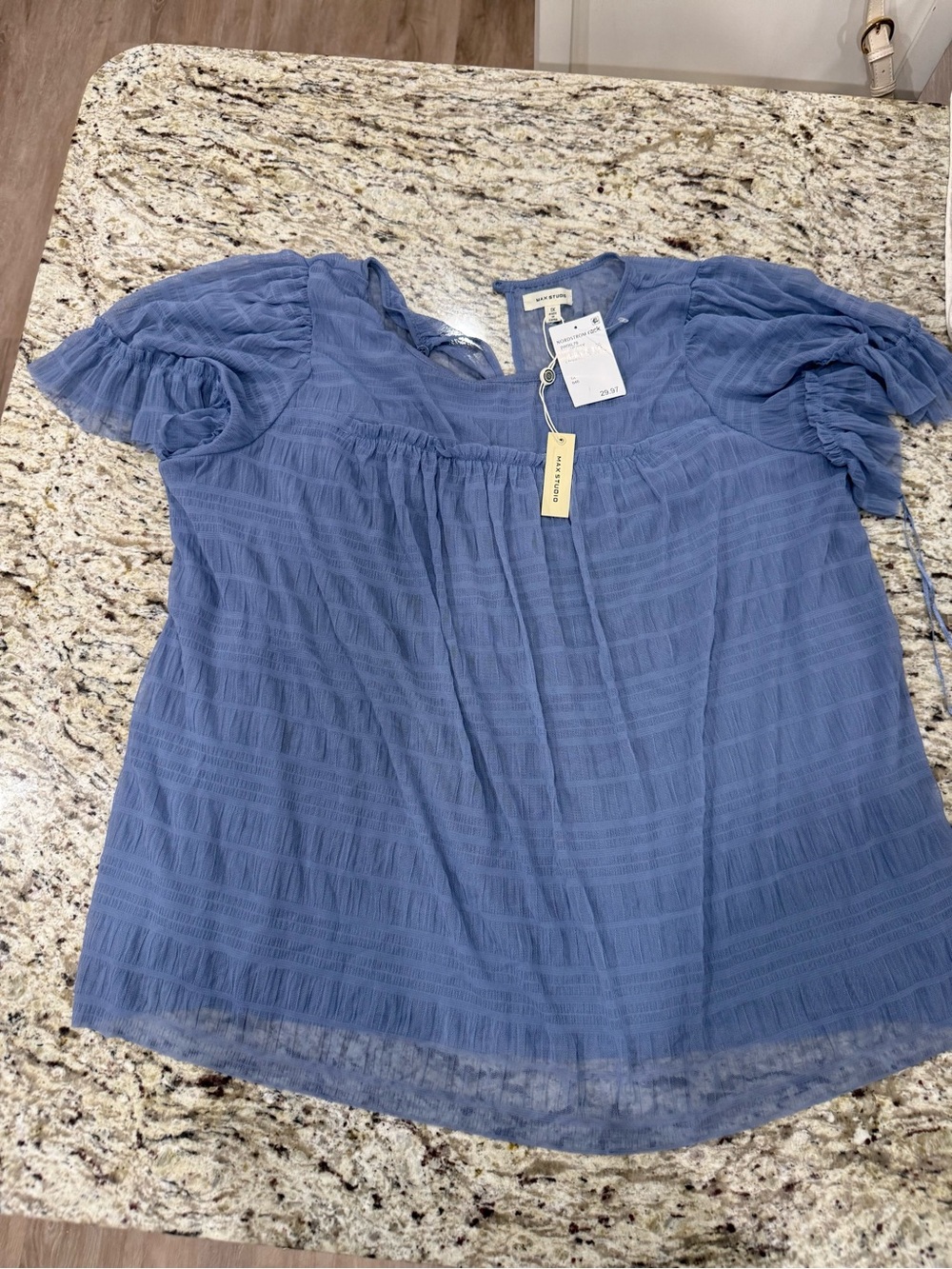 Max Studio Blue Textured Puff-Sleeve Women's Top